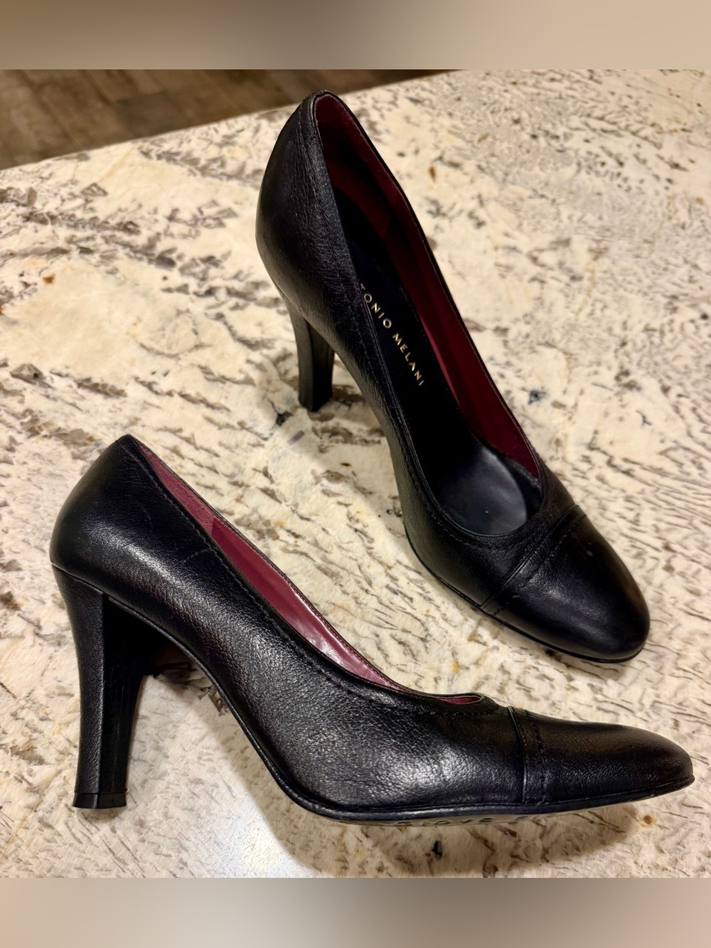 ANTONIO MELANI Black Leather Mid-Height Heel Pumps